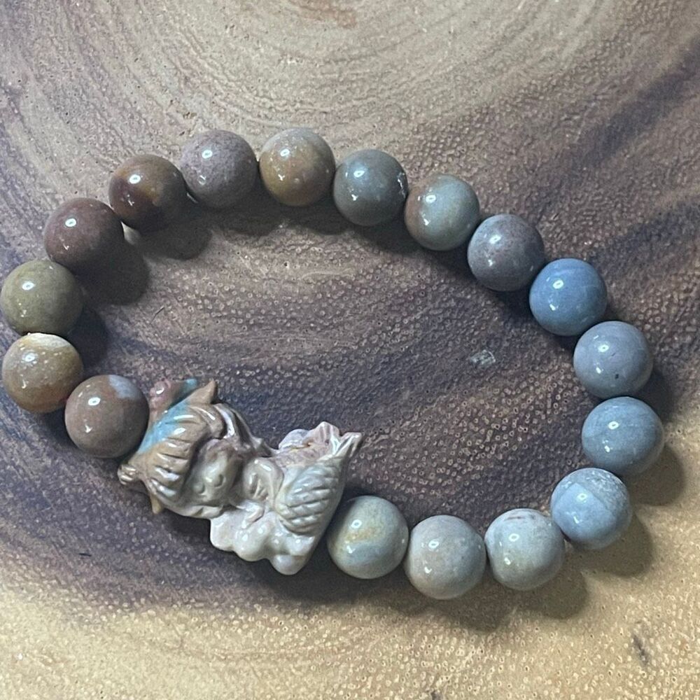 Alashan agate mermaid artisan handmade beaded beads stretch bracelet 6.5” colorf